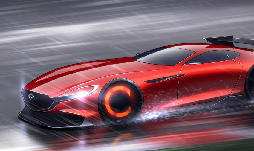 car, glowing, headlight, kai55, mazda, mazda_rx-vision, motor_vehicle, no_humans, original, racetrack, rain, red_car, reflection, shadow, spoiler_(automobile), vehicle_focus