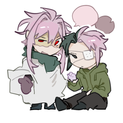 2boys, black_eyes, black_hair, blank_speech_bubble, brown_gloves, chibi, chibi_only, chinese_commentary, cloak, closed_mouth, commentary_request, eyepatch, gloves, green_jacket, hair_between_eyes, hair_intakes, jacket, lei_renqun_xing_shanyao_shi, long_sleeves, lowres, male_focus, medical_eyepatch, multicolored_hair, multiple_boys, mutsushika_misumi, nijou_ryuu, open_mouth, parted_bangs, pink_hair, red_eyes, saibou_shinkyoku, short_hair, short_hair_with_long_locks, simple_background, sitting, smile, speech_bubble, split-color_hair, two-tone_hair, uneven_eyes, white_background, white_cloak