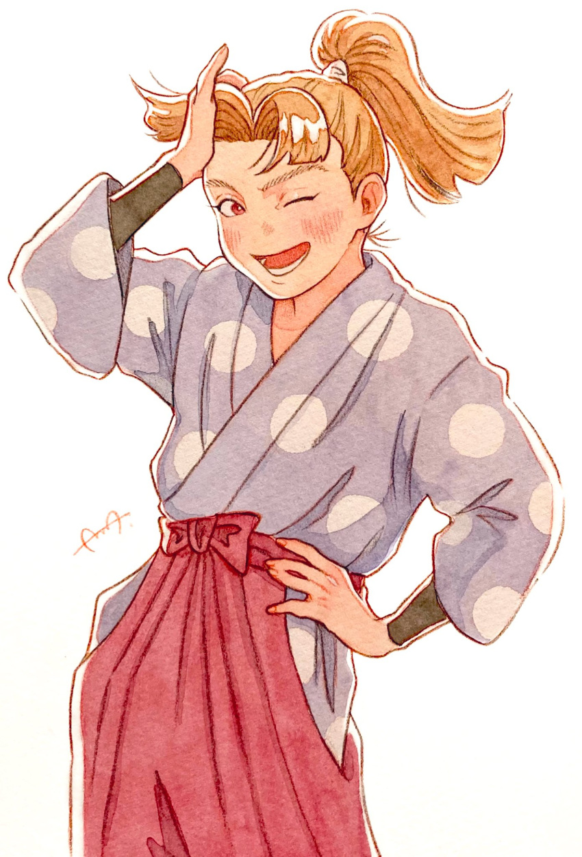 1boy, brown_hair, bunbun_hop, hand_on_own_head, high_ponytail, highres, japanese_clothes, kimono