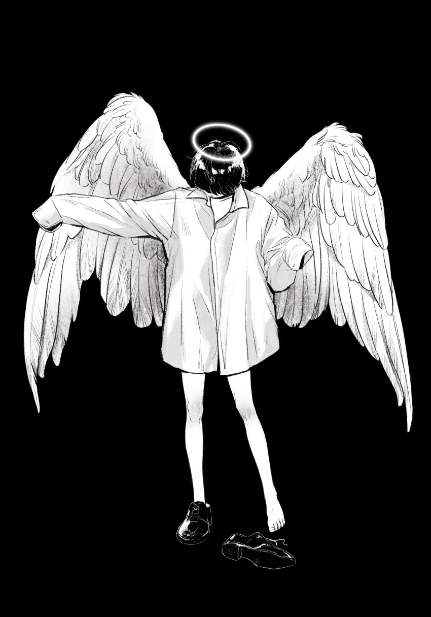 1other, absurdres, androgynous, angel, angel_wings, bare_legs, black_background, collared_shirt