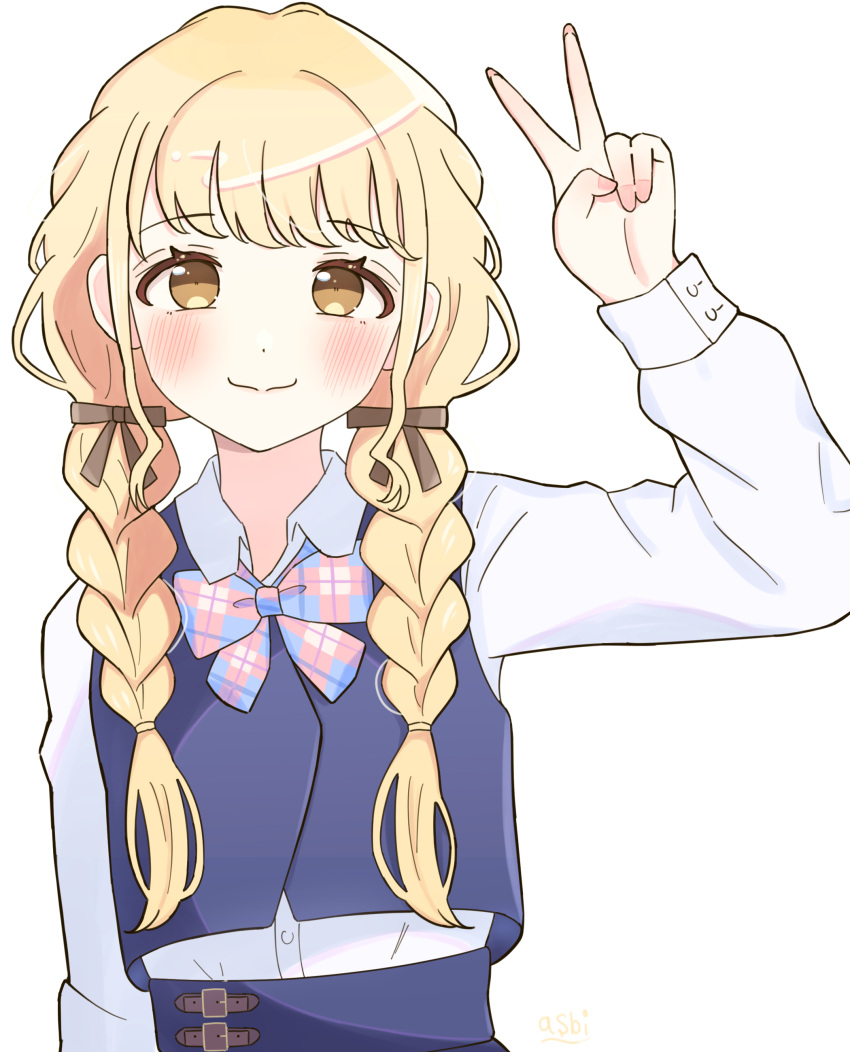 1girl, absurdres, arm_up, blonde_hair, blue_vest, blush, bow, bowtie
