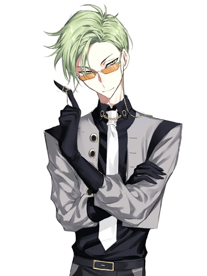 18trip, 1boy, absurdres, belt, black_belt, black_gloves, black_jacket, chinese_commentary, closed_mouth, collared_shirt, commentary_request, glasses, gloves, green_hair, grey_jacket, hand_on_own_arm, highres, jacket, jcwlg, karigane_sakujiro, long_sleeves, male_focus, necktie, open_clothes, open_jacket, orange-tinted_eyewear, shirt, short_hair, smile, solo, tinted_eyewear, upper_body, white_necktie, yellow_eyes