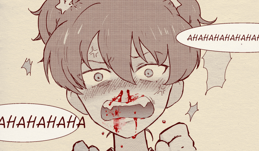 1girl, alisa_(girls_und_panzer), anger_vein, angry, bleeding, blood, blood_on_face, blush, brown_theme, clenched_hands, embarrassed, english_text, fangs, frown, furrowed_brow, girls_und_panzer, hair_ornament, hands_up, highres, laughing, looking_at_viewer, monochrome, nose_blush, nosebleed, open_mouth, payama, portrait, short_hair, short_twintails, simple_background, solo, speech_bubble, spot_color, star_(symbol), star_hair_ornament, teeth, twintails, upper_teeth_only, wide-eyed