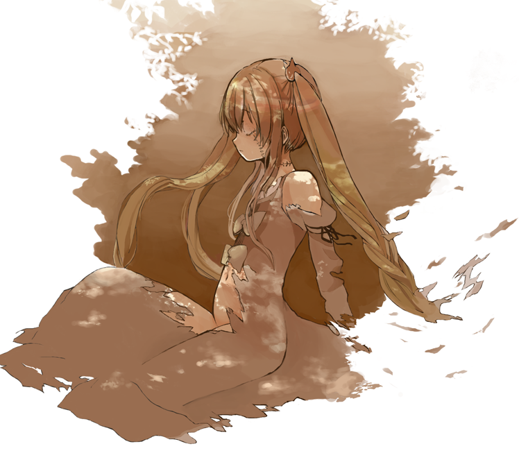 bare_shoulders, brown_hair, closed_eyes, dissolving, dress, hair_ornament, long_hair, monorino