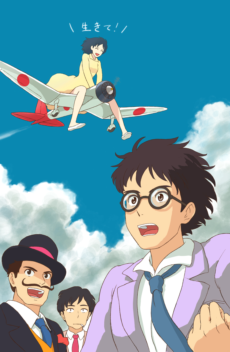 1girl, 3boys, :d, ^_^, aircraft, airplane, anime_coloring, black_hair