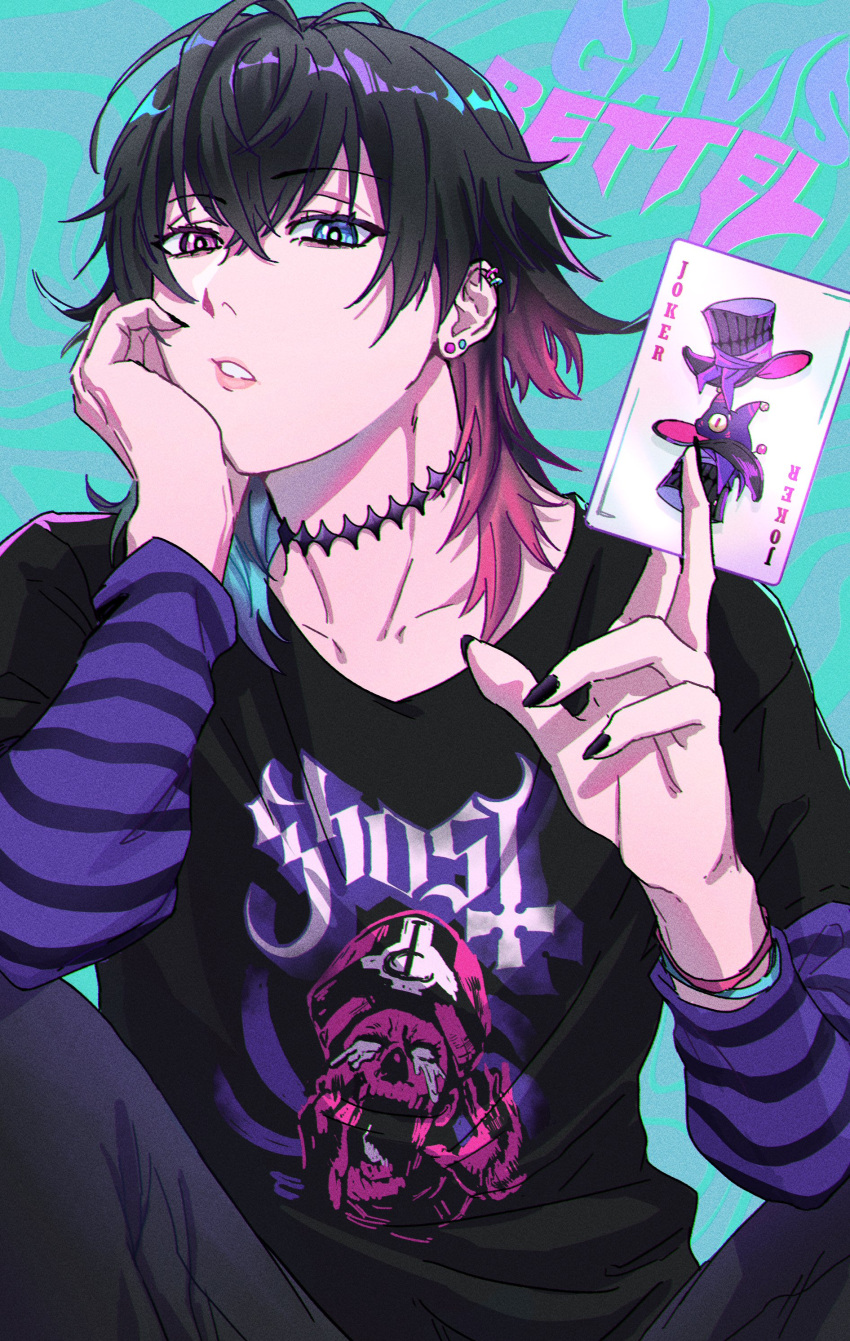 1boy, absurdres, alternate_costume, alternate_hair_color, aqua_background, band_shirt, black_nails, blue_eyes