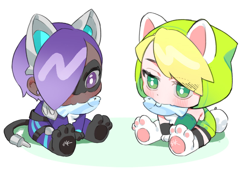 2girls, animal_feet, animal_hands, asymmetrical_hair, black_cat_sombra, black_mask, blonde_hair, blush, bodysuit, cat_girl, cat_paws, chibi, cyborg, dark-skinned_female, dark_skin, domino_mask, fish, fish_in_mouth, full_body, green_eyes, green_hoodie, hair_over_one_eye, hood, hoodie, mask, mechanical_ears, mouth_hold, multiple_girls, official_alternate_costume, overwatch, overwatch_2, purple_bodysuit, purple_hair, sitting, sombra_(overwatch), ssaknanda, tail, violet_eyes, white_background, workout_zarya, zarya_(overwatch)