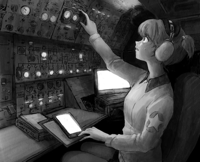 1girl, aircraft, airplane, alisa_(girls_und_panzer), arm_up, book, c-5m_super_galaxy, chair