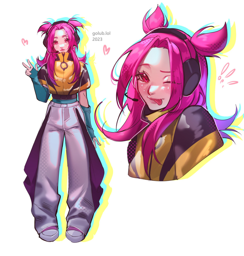 !, !!, 1girl, alune_(league_of_legends), animification, golub.lol, grey_pants, headset, heart, heartsteel_alune, highres, jacket, league_of_legends, long_hair, multiple_views, official_alternate_costume, one_eye_closed, pants, pink_eyes, pink_footwear, pink_hair, shoes, simple_background, smile, sneakers, sweatpants, tongue, tongue_out, two_side_up, v, white_background, yellow_jacket