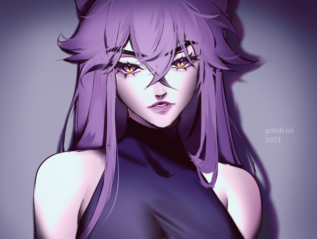 1girl, 2023, artist_name, black_shirt, breasts, covered_collarbone, golub.lol, grey_background, hair_between_eyes, halter_shirt, halterneck, long_hair, looking_at_viewer, medium_breasts, original, parted_lips, purple_hair, purple_lips, shadow, shirt, solo, v-shaped_eyebrows, violet_eyes