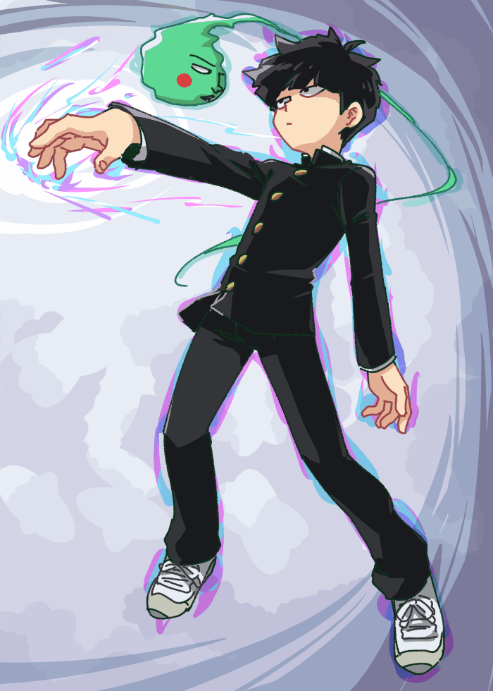 2boys, black_eyes, black_hair, closed_mouth, ekubo_(mob_psycho_100), energy, full_body, gakuran, hitodama, kageyama_ritsu, long_sleeves, mob_psycho_100, multiple_boys, school_uniform, shoes, short_hair, spirit, tomatok0