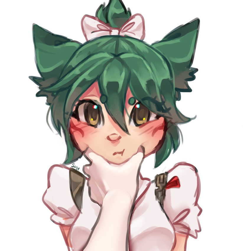 1girl, animification, artist_name, blush, bow, brown_hair, green_hair, hair_bow, highres, kiriko_(overwatch), looking_at_viewer, meme, overwatch, overwatch_2, portrait, pout, pov_cheek_grabbing_(meme), sage_(dearestkiitty), shirt, simple_background, solo, white_background, white_bow, white_shirt