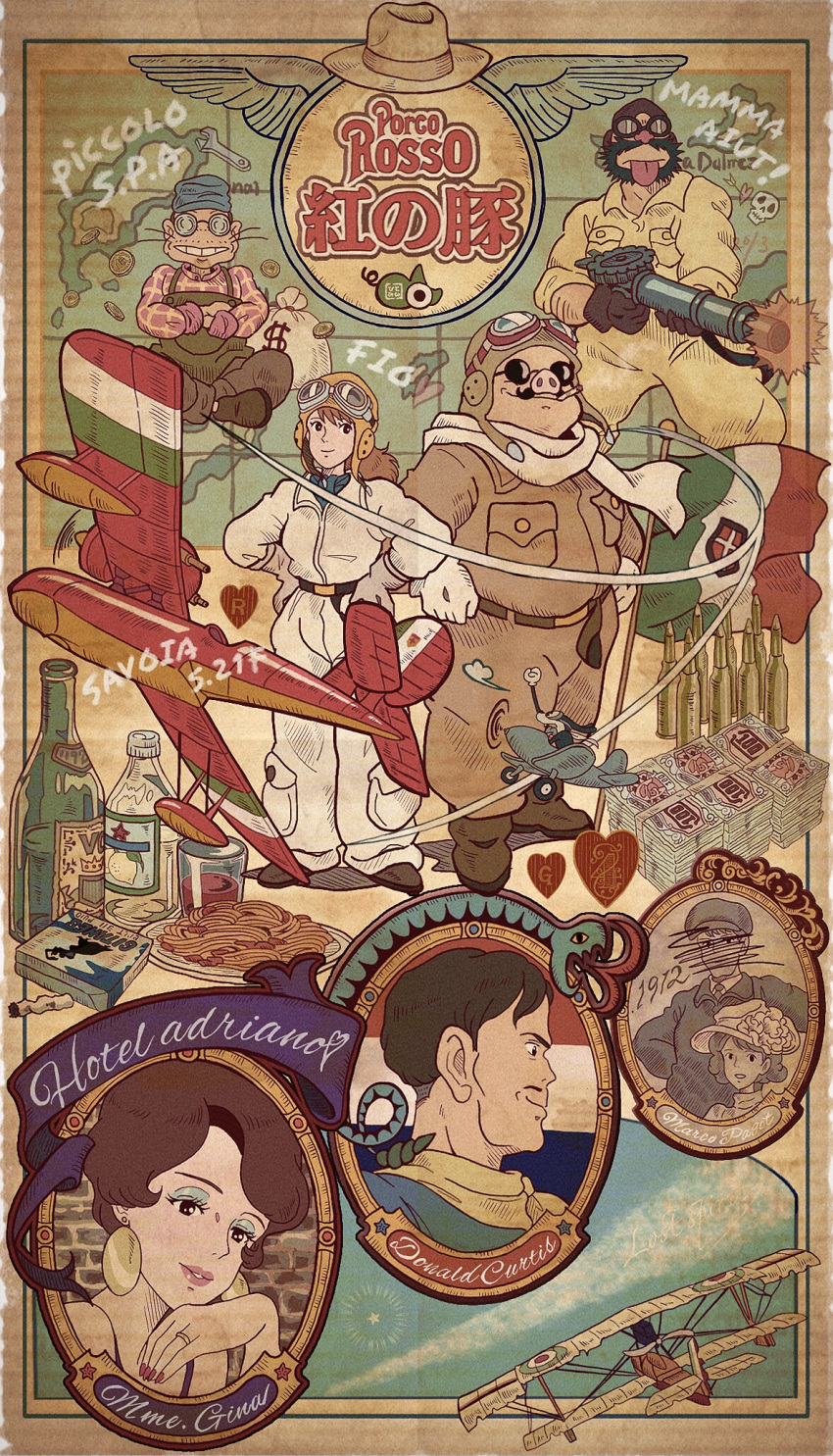 3girls, 5boys, :q, aircraft, airplane, apron, arrow_(projectile), aviator_cap