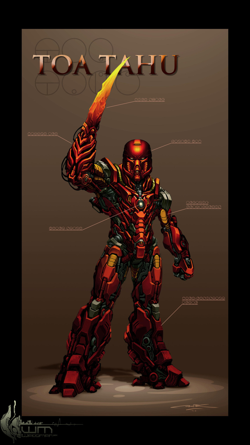 absurdres, arm_blade, bionicle, black_border, border, character_name, clenched_hand, english_commentary