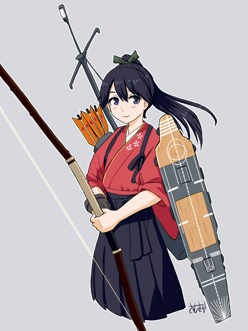 1girl, absurdres, arrow_(projectile), black_hair, black_hakama, bow_(weapon), closed_mouth, cropped_legs