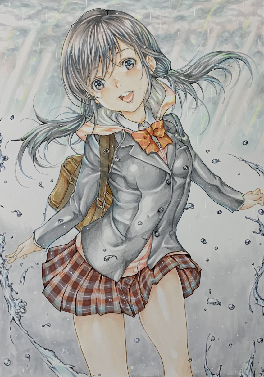 1girl, amano_hina_(tenki_no_ko), bag, black_eyes, black_hair, black_jacket, bow, bowtie, breasts, brown_bag, commentary_request, diagonal-striped_bow, diagonal-striped_bowtie, diagonal-striped_clothes, floating_hair, highres, hood, hood_down, hoodie, jacket, katsu_(24791909), long_hair, long_sleeves, looking_at_viewer, low_twintails, marker_(medium), open_mouth, orange_bow, orange_bowtie, orange_hoodie, plaid, plaid_skirt, pleated_skirt, red_skirt, school_uniform, shoulder_bag, skirt, small_breasts, smile, solo, striped_clothes, teeth, tenki_no_ko, traditional_media, twintails, upper_teeth_only, zipper_pull_tab