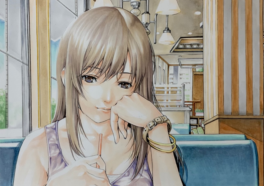 1girl, black_eyes, bracelet, brown_hair, closed_mouth, collarbone, commentary_request, drinking_straw
