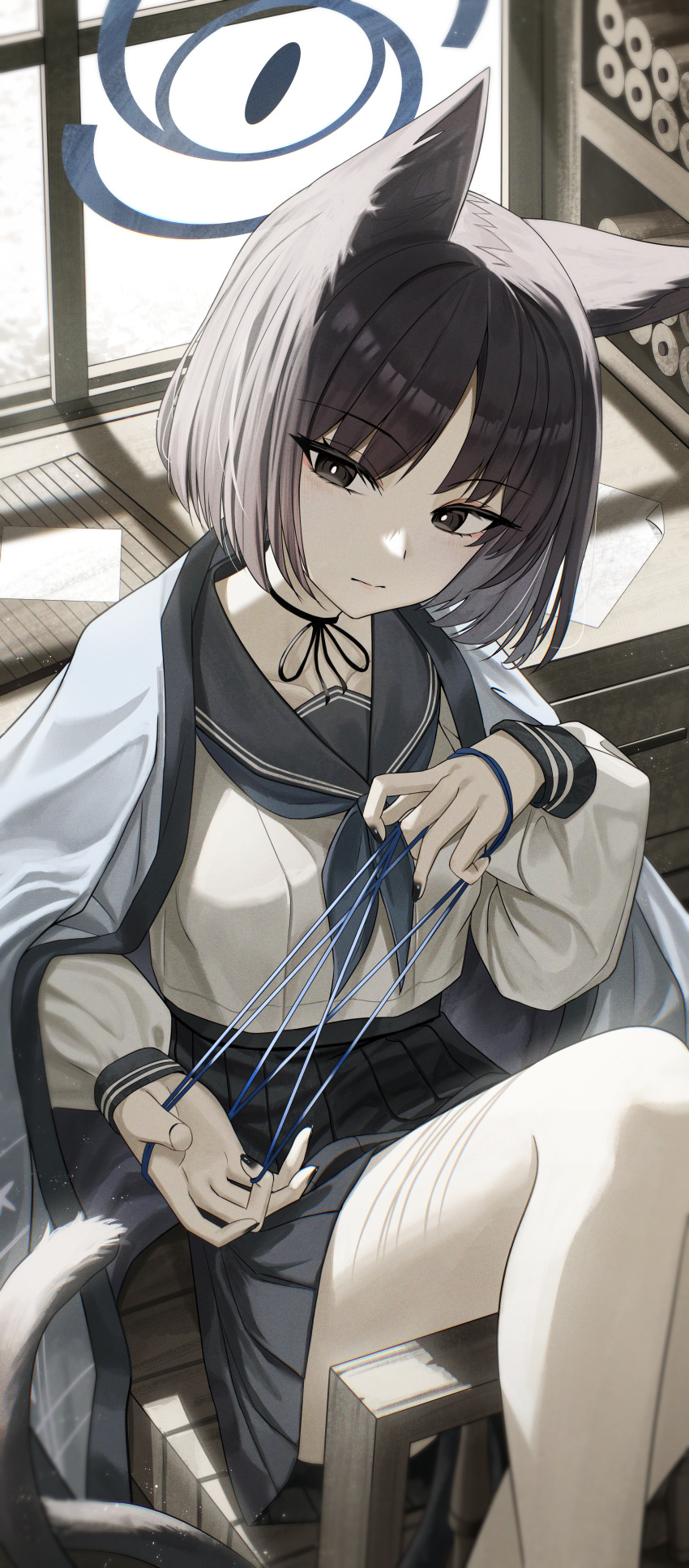 1girl, absurdres, animal_ears, arch_a4, black_eyes, black_hair, black_nails, black_sailor_collar