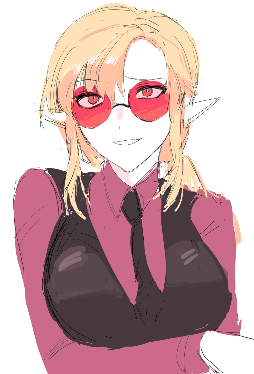 1girl, alternate_costume, arisa_(shadowverse), arm_under_breasts, blonde_hair, breasts, corruption, cosplay