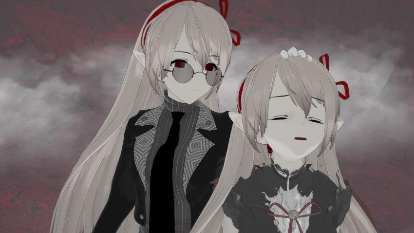 2girls, alternate_costume, arisa_(shadowverse), blonde_hair, closed_mouth, corruption, cosplay, cygames