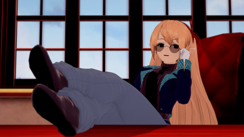 1girl, alternate_costume, arisa_(shadowverse), blonde_hair, brown_footwear, chair, corruption, cosplay