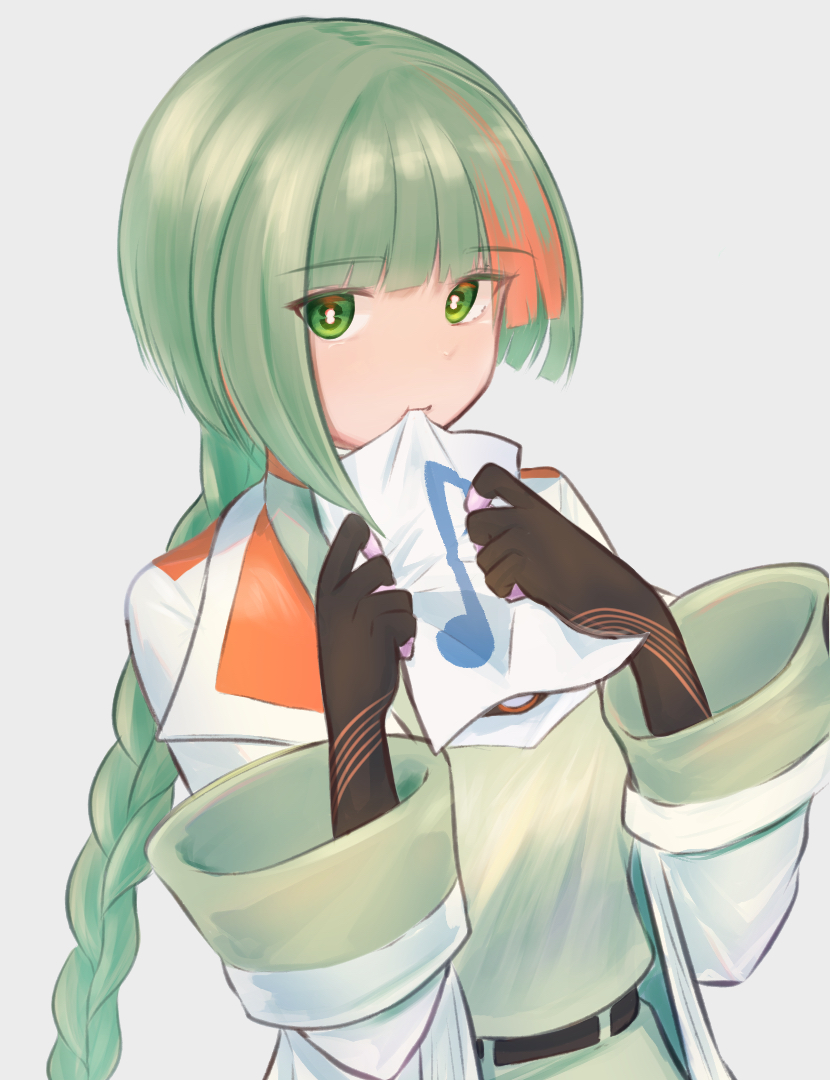 1girl, biting, braid, chis-a, gloves, green_eyes, green_hair, holding