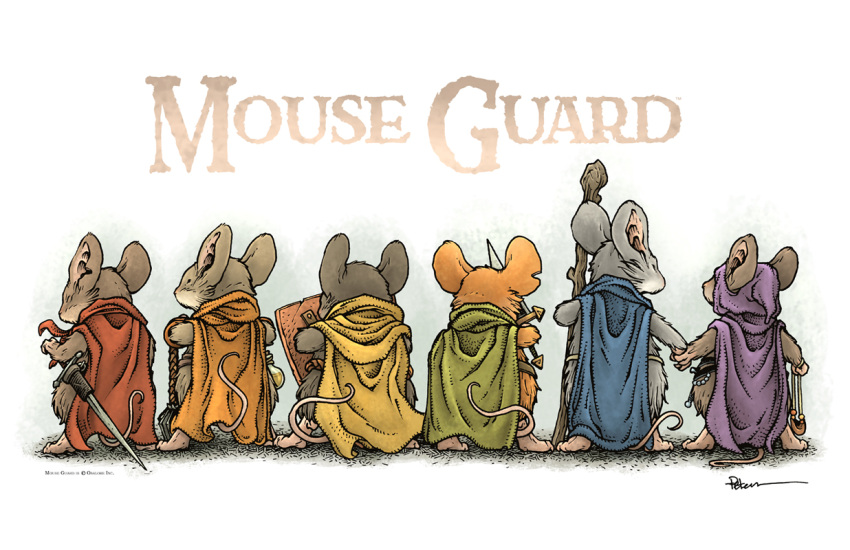 artist_name, back, blue_cape, cape, commentary, david_petersen, english_commentary, green_cape, hand_grab, hood, hood_up, mouseguard_(comic), orange_cape, purple_cape, rainbow_flag, red_cape, shield, simple_background, slingshot_(weapon), staff, sword, weapon, western_comics_(style), yellow_cape