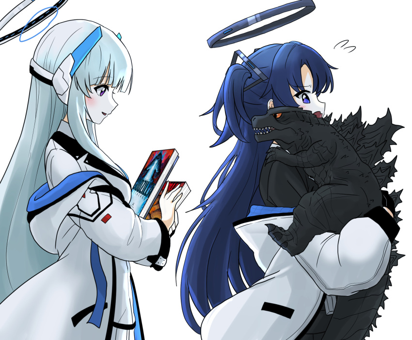 2girls, black_buruma, black_halo, black_pantyhose, blue_archive, blue_buruma, blue_eyes, blue_necktie