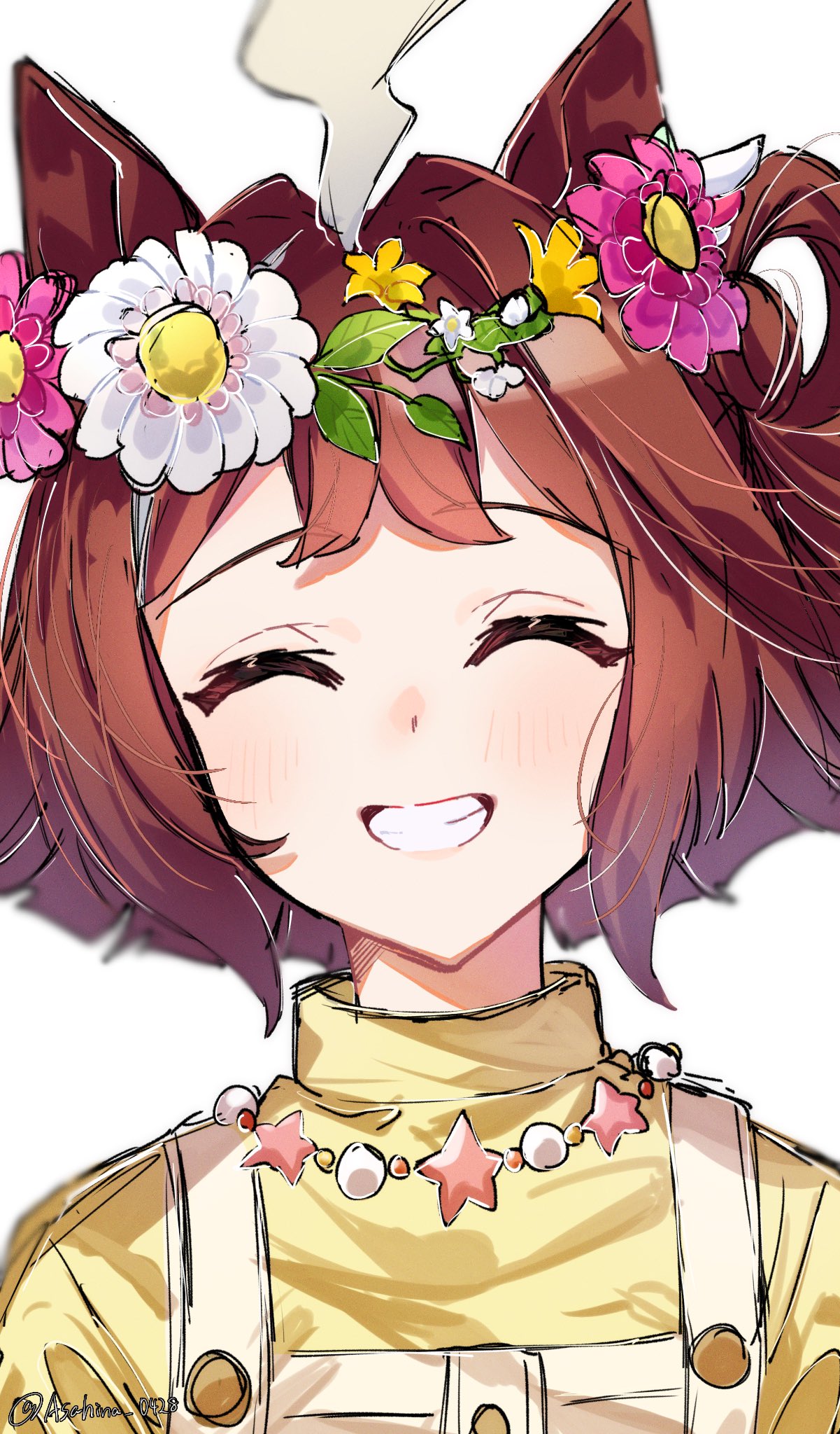 1girl, ahoge, animal_ears, asahina_(asahina_0428), blush, brown_hair, casual, flower