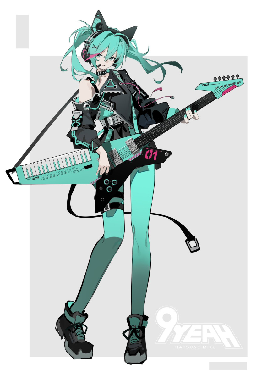 1girl, alternate_costume, animal_ear_headphones, animal_ears, aqua_eyes, aqua_leggings, asymmetrical_jacket, baggy_clothes