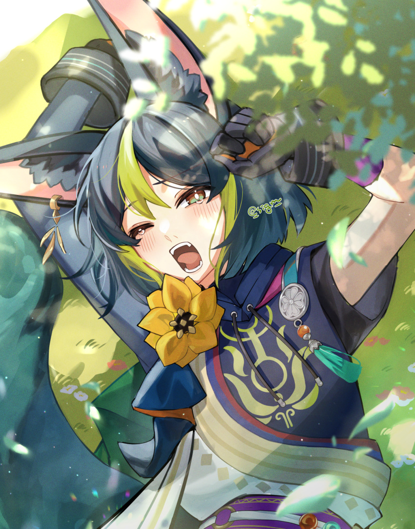 1boy, animal_ear_fluff, animal_ears, arms_up, asymmetrical_sleeves, black_capelet, black_gloves, blunt_ends