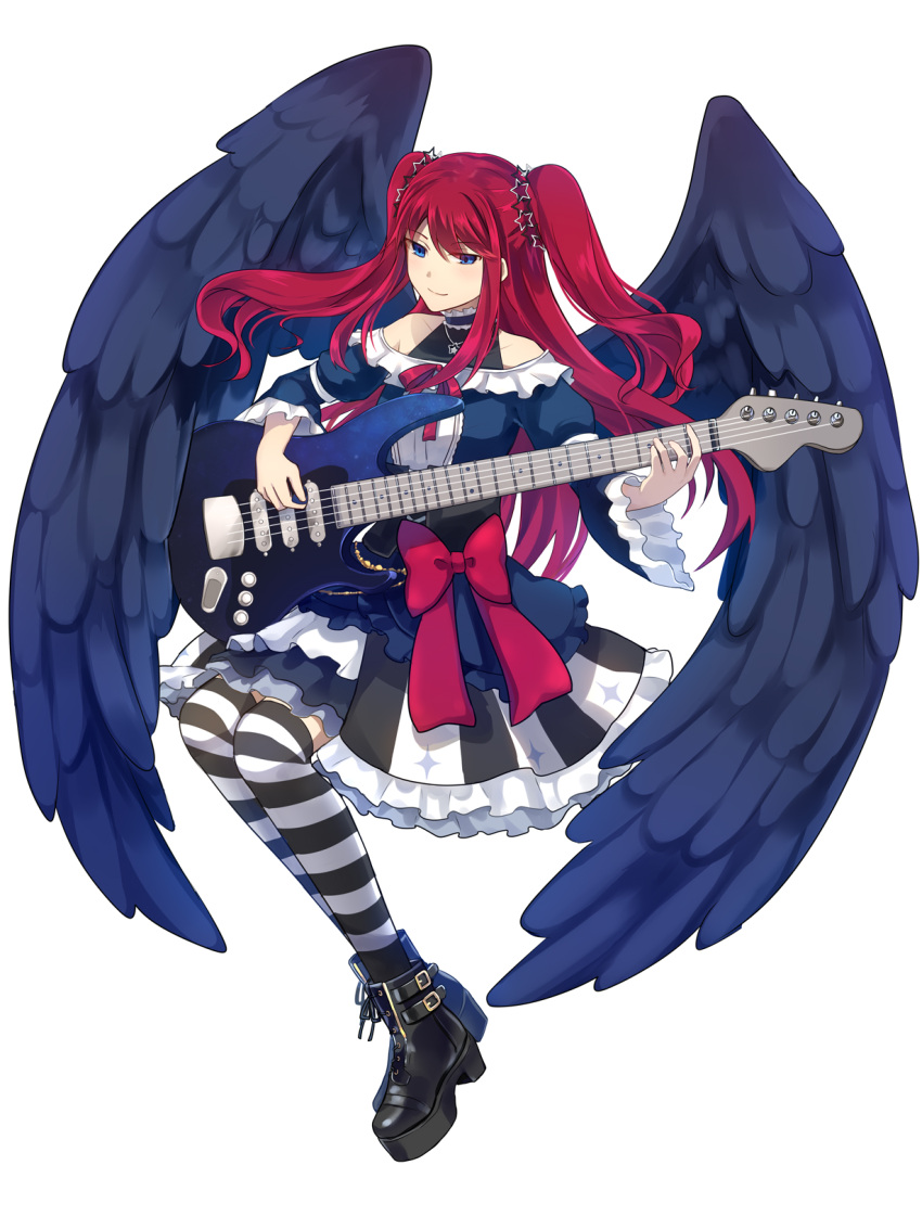 1girl, anri_mike, black_footwear, black_wings, blue_eyes, blue_shirt, bow, full_body, highres, long_hair, looking_at_viewer, original, platform_footwear, red_bow, redhead, shirt, skirt, smile, solo, striped_clothes, striped_skirt, striped_thighhighs, thigh-highs, twintails, vertical-striped_clothes, vertical-striped_skirt, white_background, wings