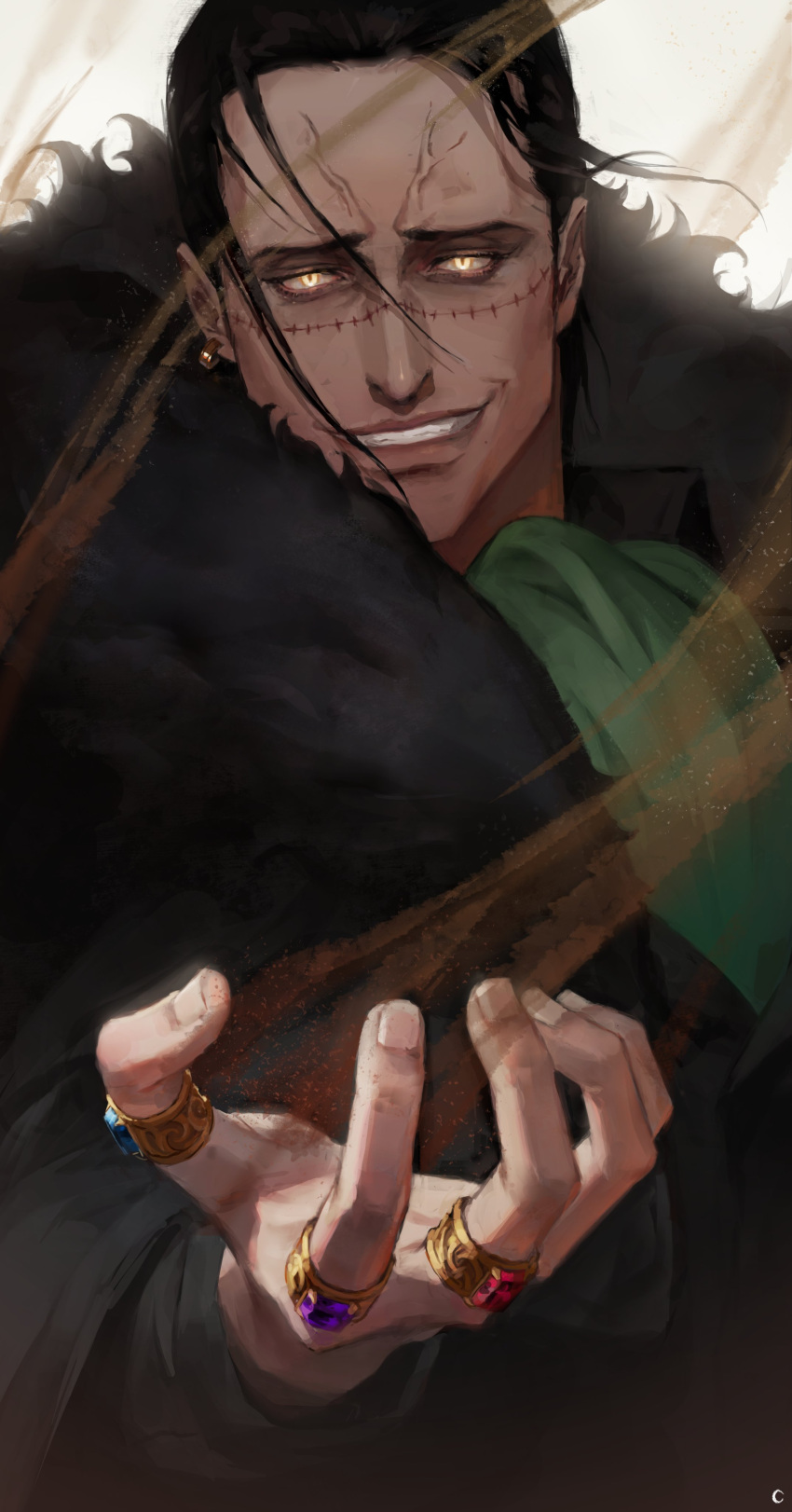 1boy, absurdres, ascot, black_hair, blackmoon0823, clenched_teeth, commentary_request, crocodile_(one_piece)