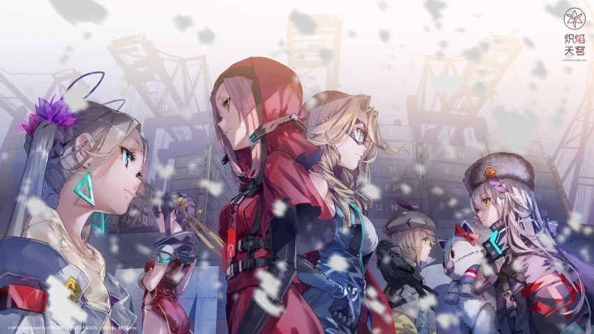 6+girls, absurdres, bird, black_thighhighs, blonde_hair, bollard, breasts, brown_capelet