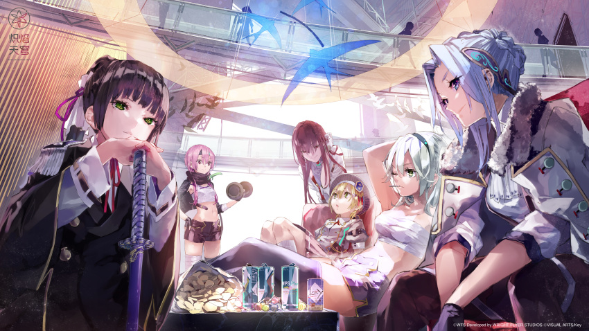 6+girls, absurdres, bandaged_chest, bird, black_gloves, black_hair, blonde_hair, blue_eyes