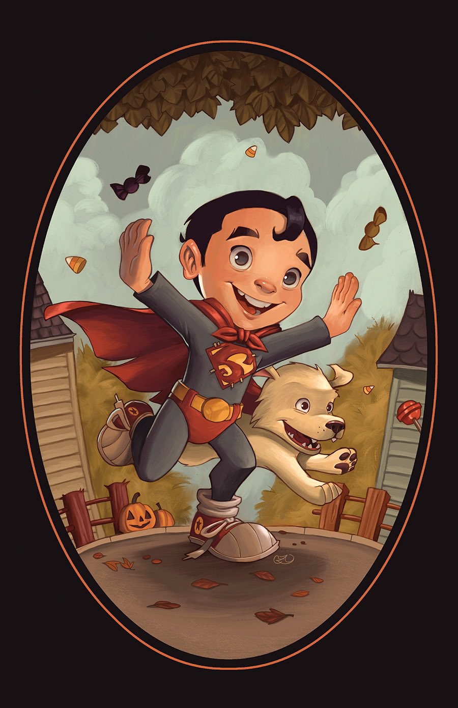 1boy, aged_down, autumn, autumn_leaves, black_hair, cape, child, chrissie_zullo