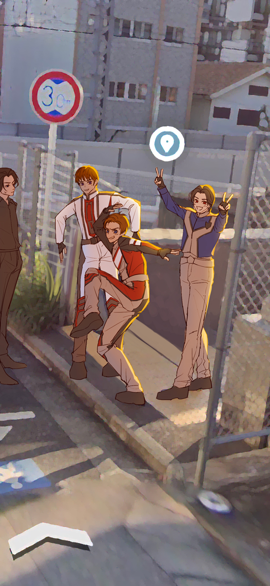 4boys, asuka_shin_(ultraman_dyna), black_hair, brown_hair, double_v, fujimiya_hiroya, google_maps, google_street_view, high_school_girls_posing_for_google_street_view_(meme), highres, madoka_daigo, male_focus, meme, multiple_boys, photo_background, picgentle, posing, sidewalk, sign, takayama_gamu, ultra_series, ultraman_dyna_(series), ultraman_gaia_(series), ultraman_tiga_(series), uniform, v