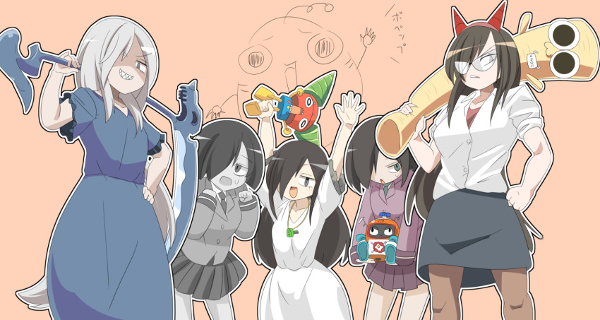 5girls, black_hair, black_skirt, blue_dress, breasts, brown_pantyhose, colored_skin, commentary_request