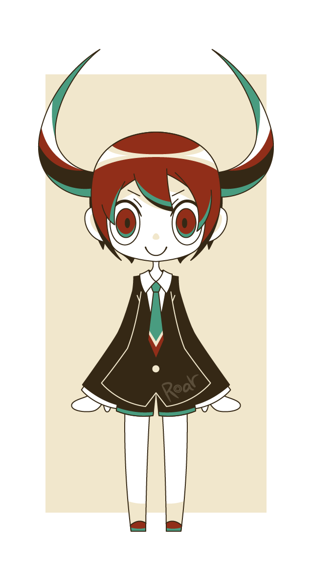 1girl, arms_at_sides, black_jacket, black_shorts, border, closed_mouth, collared_shirt, full_body, highres, horns, hotate_oishii, jacket, limited_palette, necktie, original, red_eyes, red_footwear, redhead, shirt, short_hair, shorts, smile, solo, white_border