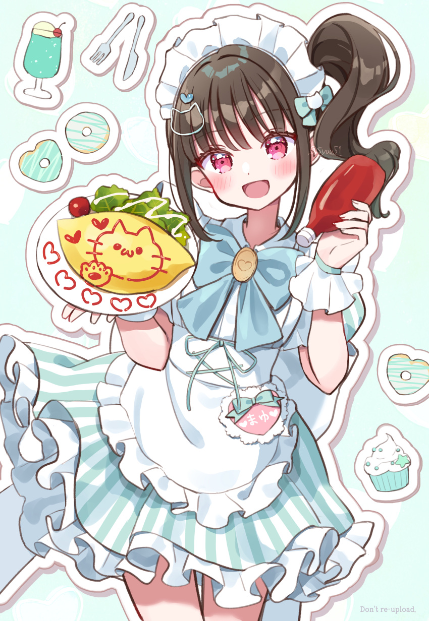 absurdres, alternate_costume, blush, bow, bowtie, brown_hair, cat_hair_ornament, cupcake