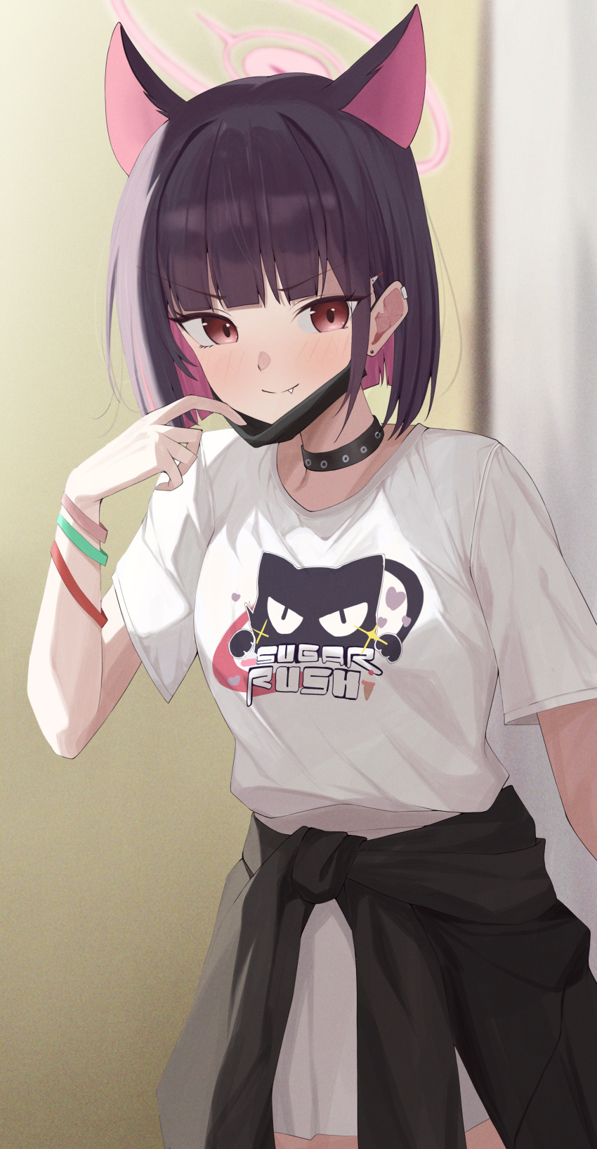 1girl, absurdres, animal_ears, black_choker, black_hair, black_jacket, black_mask, blue_archive