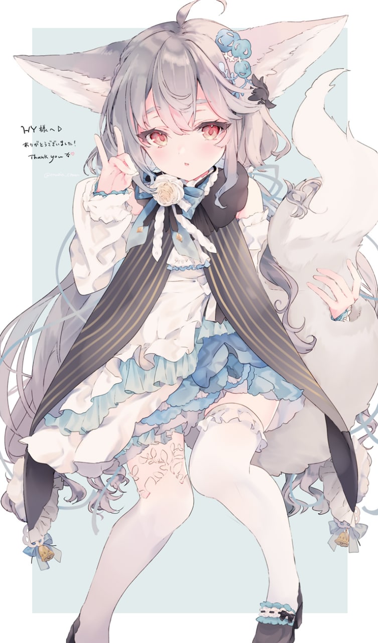 animal_ear_fluff, animal_ears, ascot, asymmetrical_legwear, bare_shoulders, bell, black_footwear, blue_bow