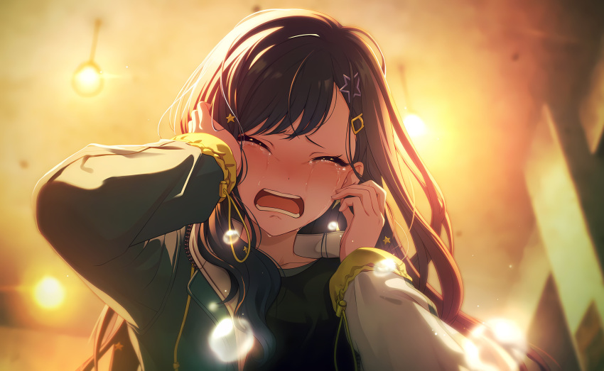 1girl, absurdres, angst, black_shirt, blue_hair, blue_jacket, blurry, blurry_background