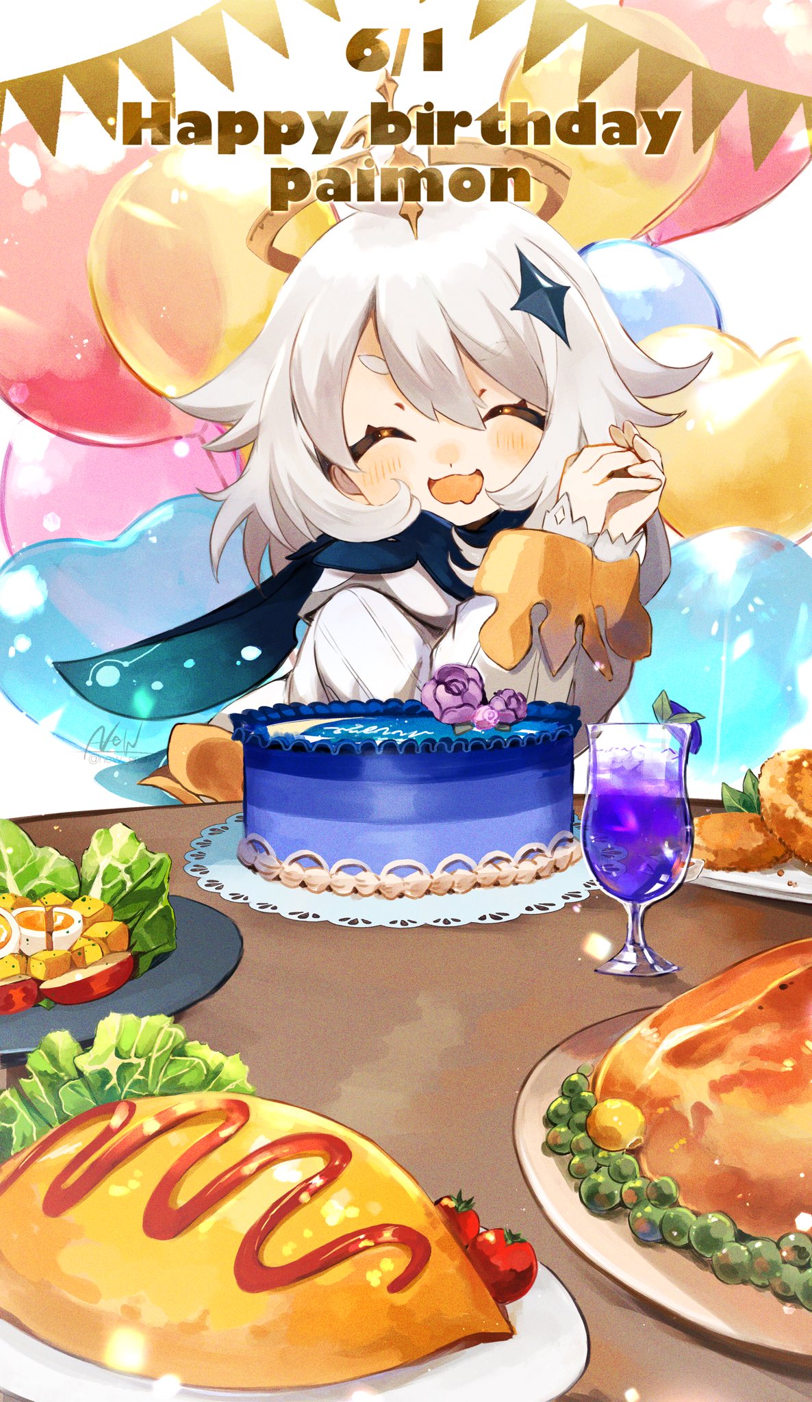 1girl, :d, ^_^, apple, apple_slice, artist_name, balloon, black_cape