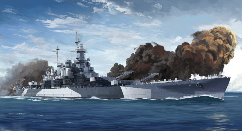 absurdres, aircraft, airplane, american_flag, anti-aircraft_gun, battleship, cannon, crane_(machine)