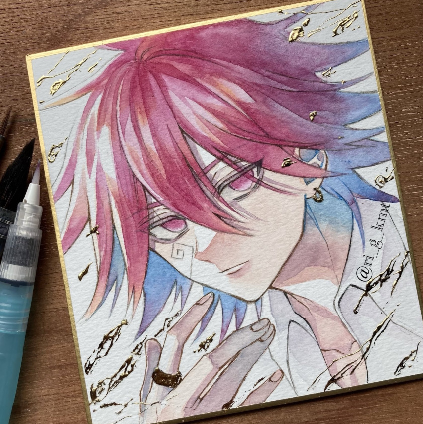 1boy, carpaccio_luo-yang, closed_mouth, collarbone, collared_shirt, earrings, facial_mark, highres