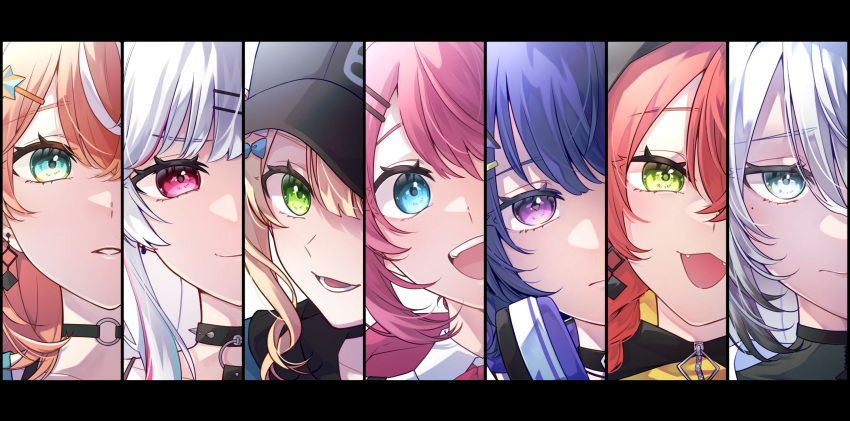 6+girls, :3, baseball_cap, black_choker, black_hat, blonde_hair, blue_eyes, blue_hair