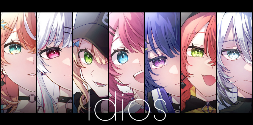6+girls, :3, baseball_cap, black_choker, black_hat, blonde_hair, blue_eyes, blue_hair