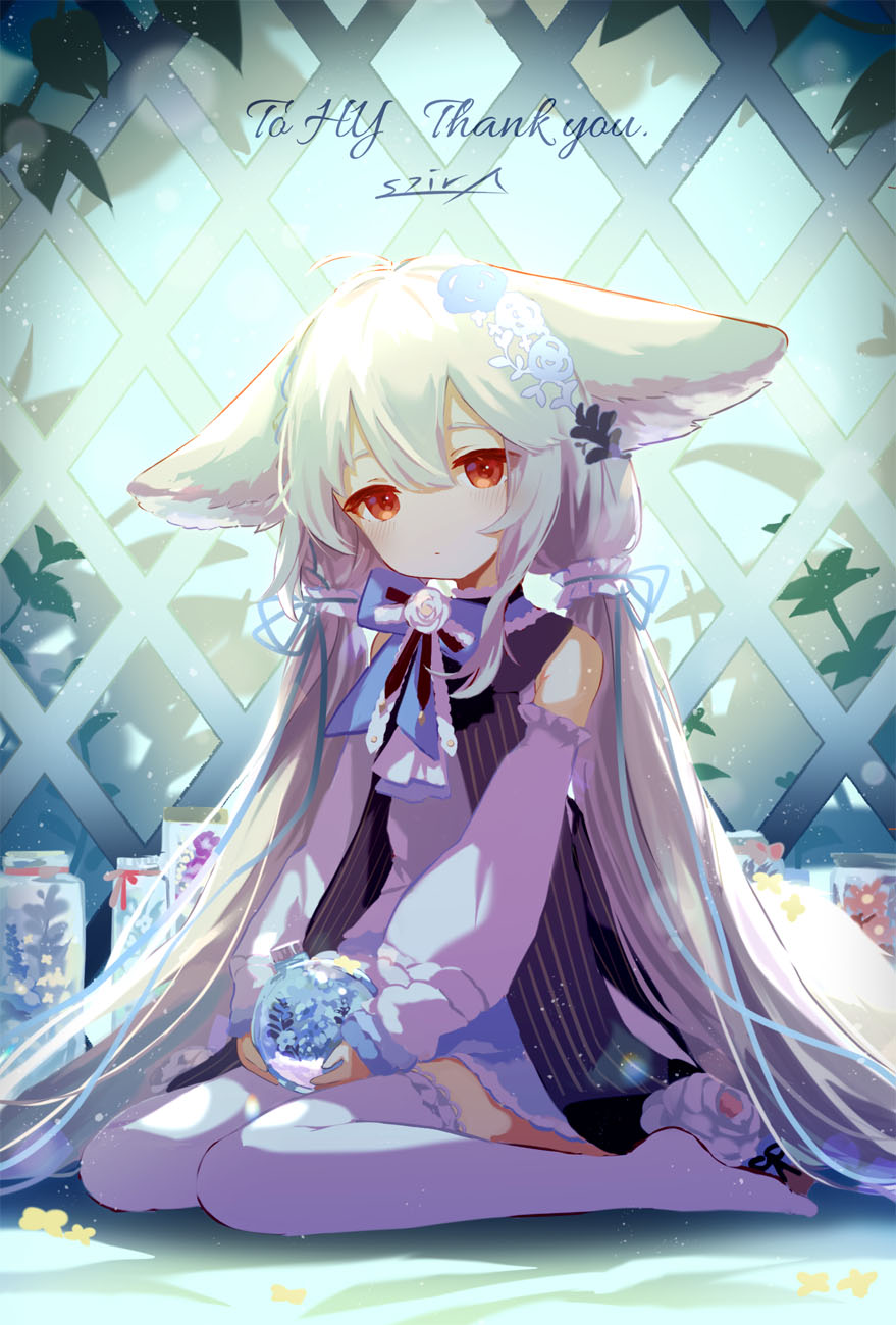 ahoge, animal_ear_fluff, animal_ears, ascot, asymmetrical_legwear, ball, bare_shoulders, bell