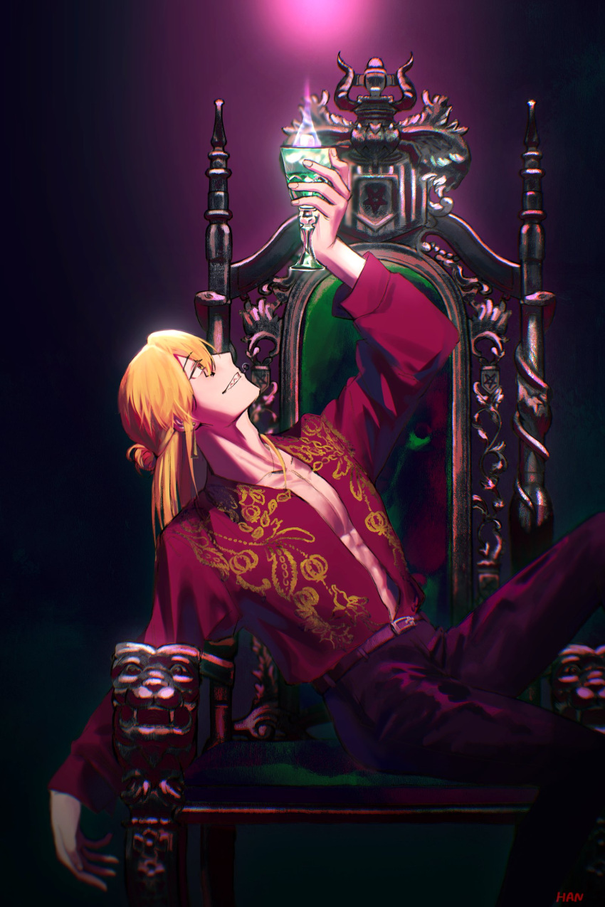 1boy, abs, absurdres, alternate_costume, belt, black_pants, blonde_hair, delisaster